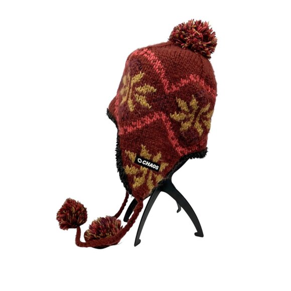 Handmade Chaos Knit Wool & Acrylic Earflap Hat With Pom-Poms - Picture 3 of 7